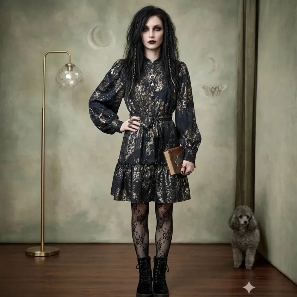 NWT Whimsigoth Celestial Dress SZ Large Witchy 90s Goth Gold Foil Constellation